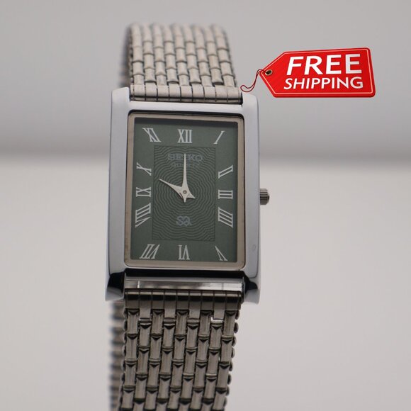 Seiko Slim Vintage Quartz Men's Wrist Watch Green  Dial with New Chain Bracelet - Picture 1 of 6